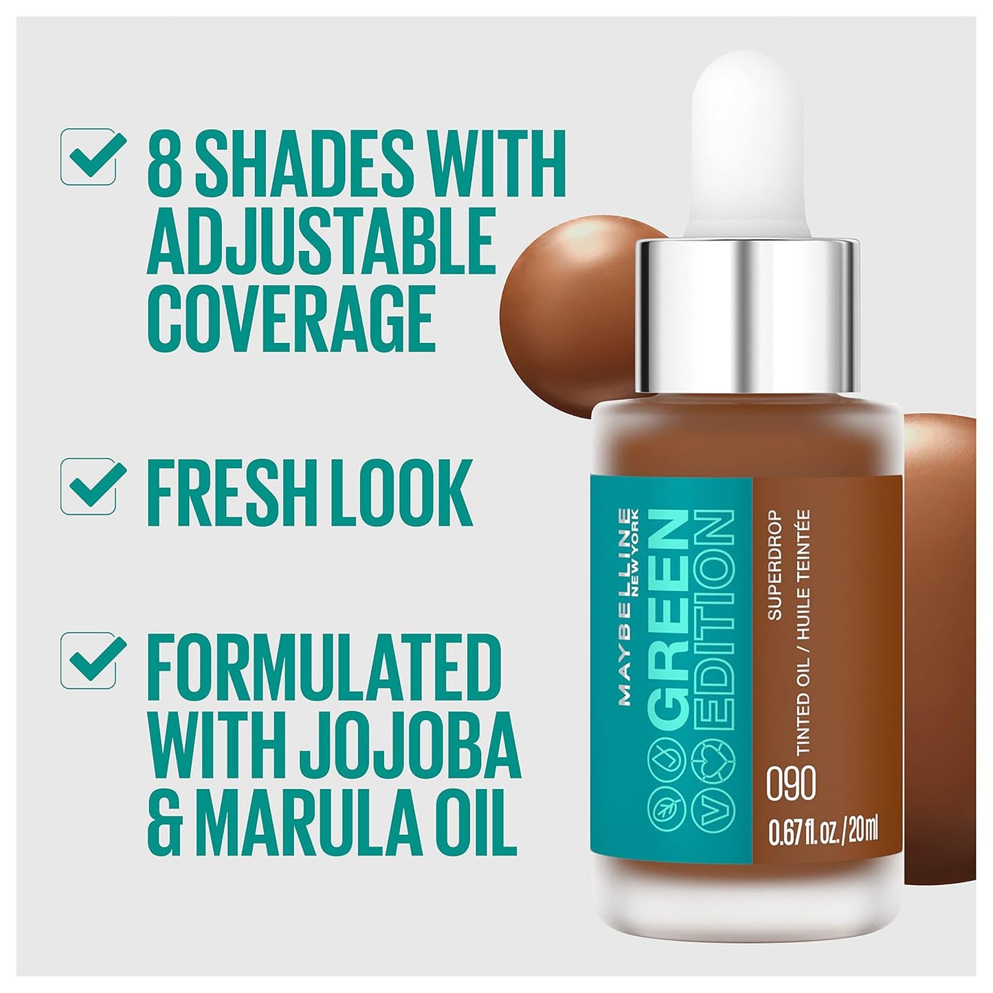 Green Edition Superdrop Tinted Oil Base Makeup, Adjustable Natural Coverage Foundation Formulated with Jojoba & Marula Oil, 35, 1 Count