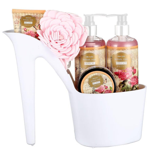 Bath and Body Gift Set - 8 Pcs Luxury Rose Scented Heel Shoe Spa Gift Set for Women - Shower Gel, Bubble Bath, Body Butter, Body Lotion & More - Christmas Gifts for Women, Gift for Mom -